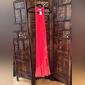 NWT Ella Moss Womens Coral Pink Ruffle Trim V-Neck Sleeveless Maxi Dress SZ S